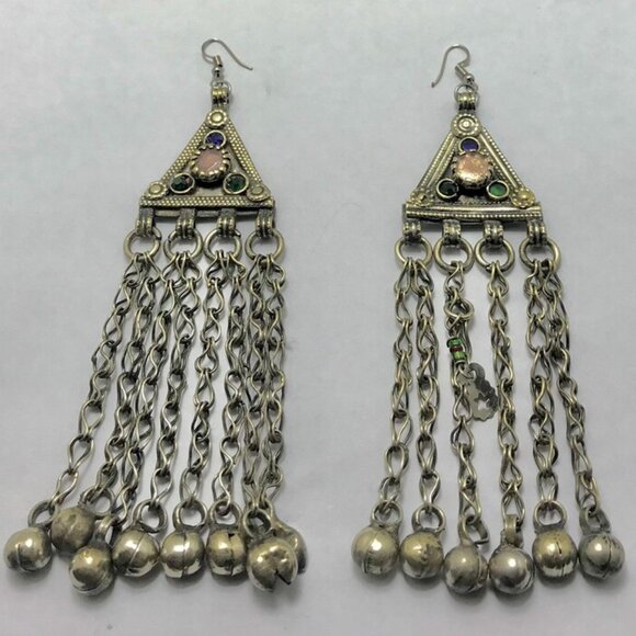 Vintage Long Bells Earrings, Silver Kuchi Boho Jewelry, Handmade Kuchi Earrings - Picture 1 of 7